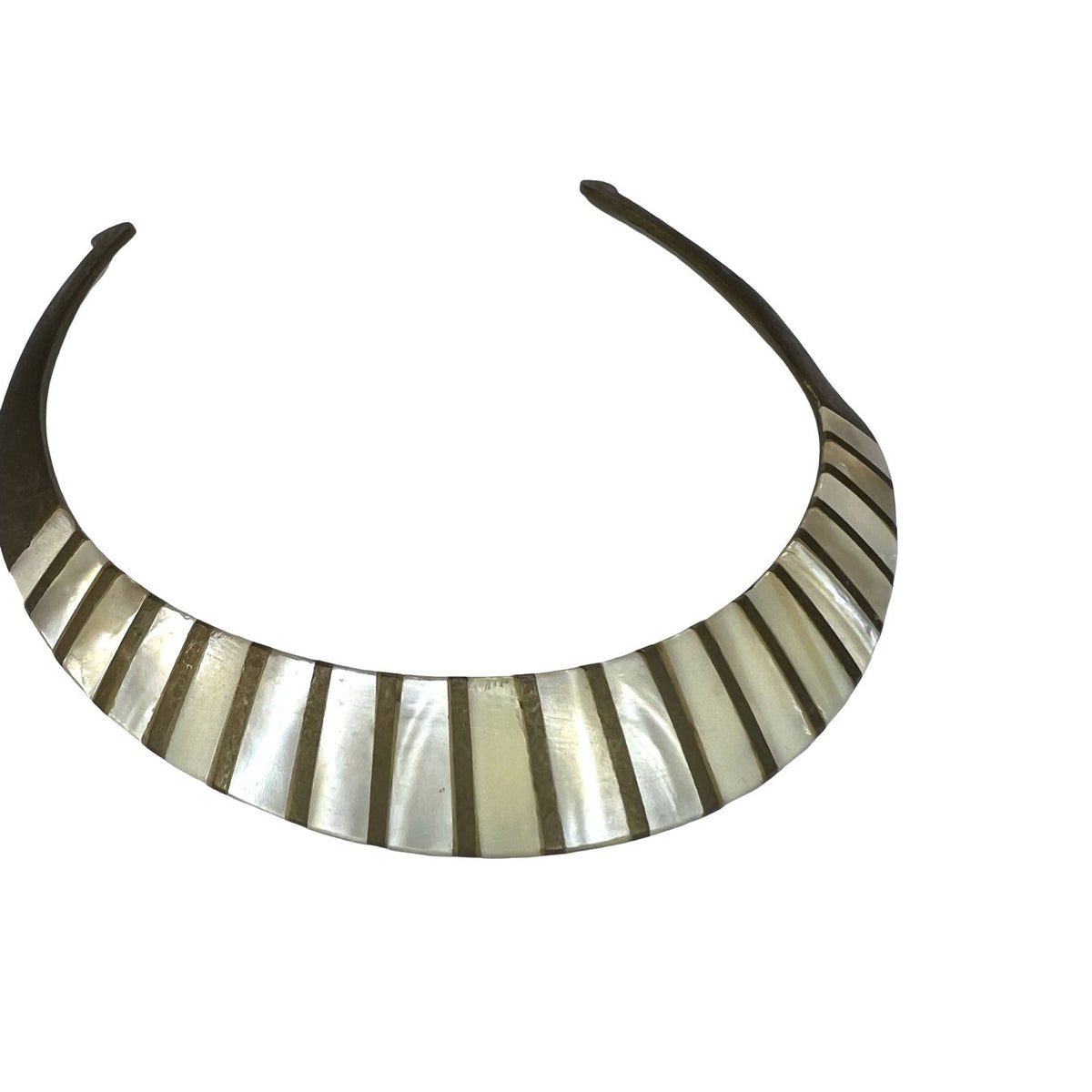 Vintage Mother of Pearl Inlaid Brass Torque Collar Necklace Statement Choker