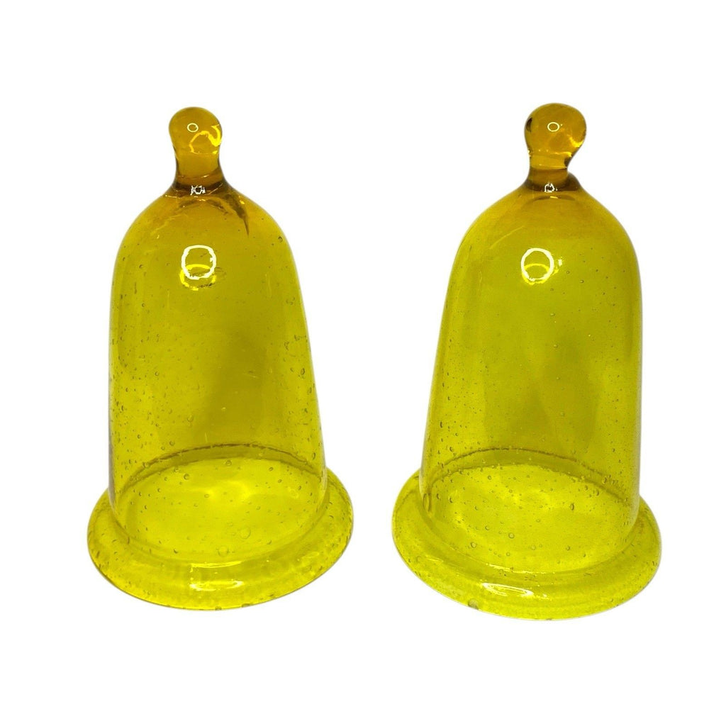 Pair Antique Cadmium Glass Bell Cloches Hand Blown UV Reactive Yellow Orange