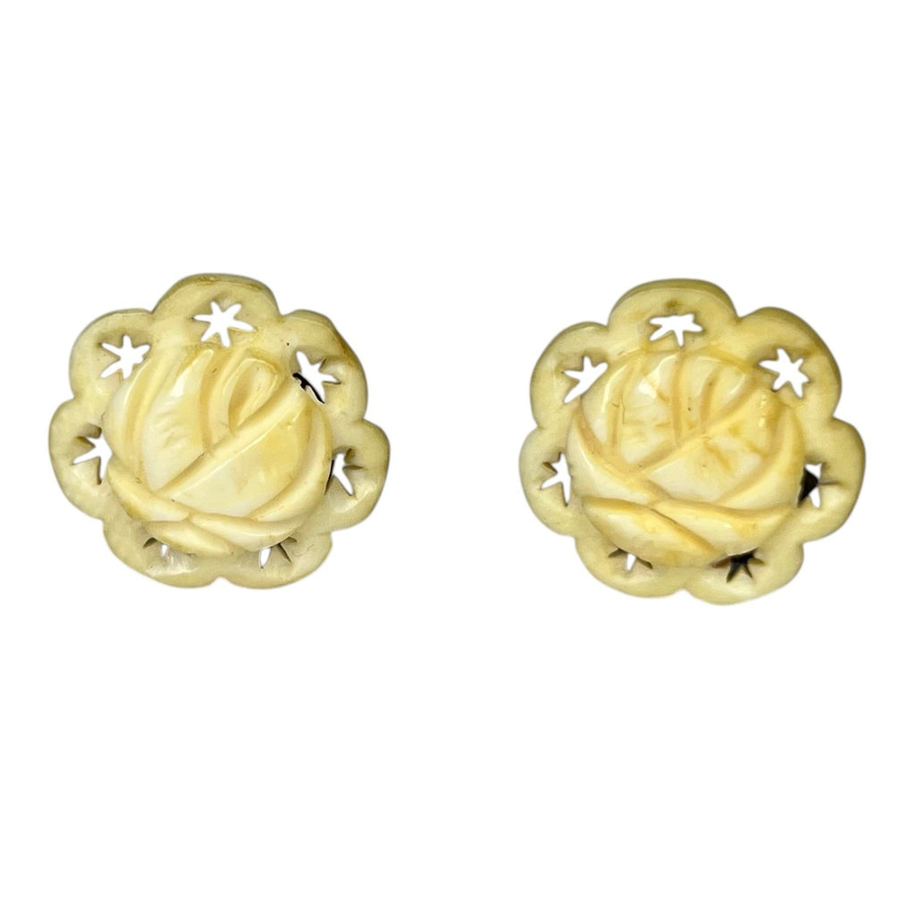 Clip On Earrings Vintage Carved Bovine Bone Rose Stars Cream Floral Jewellery