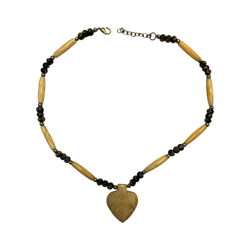 1950s Bone Necklace Tribal Spade Pendant Carved Seed Beads Mid Century Vintage