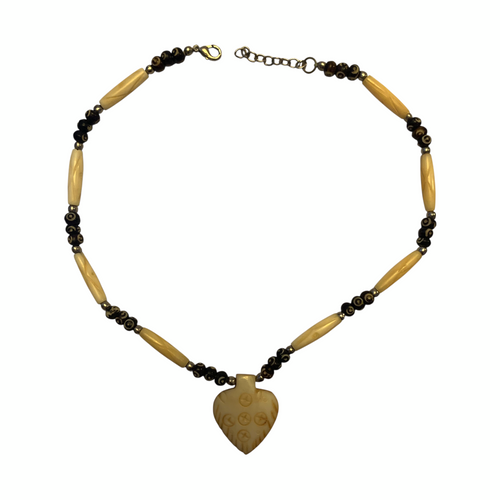 1950s Bone Necklace Tribal Spade Pendant Carved Seed Beads Mid Century Vintage — view 1