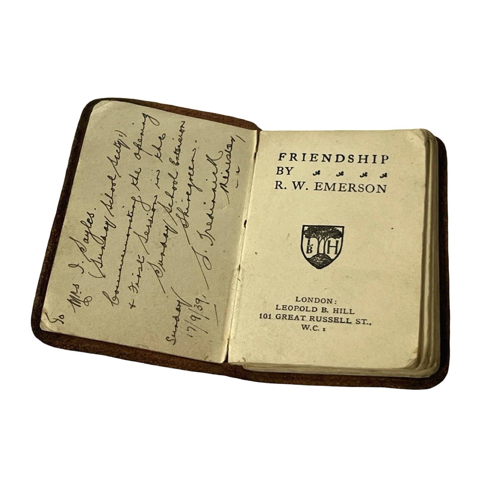 Friendship by R.W. Emerson Miniature Book Leopold B Hill London Wartime 1939