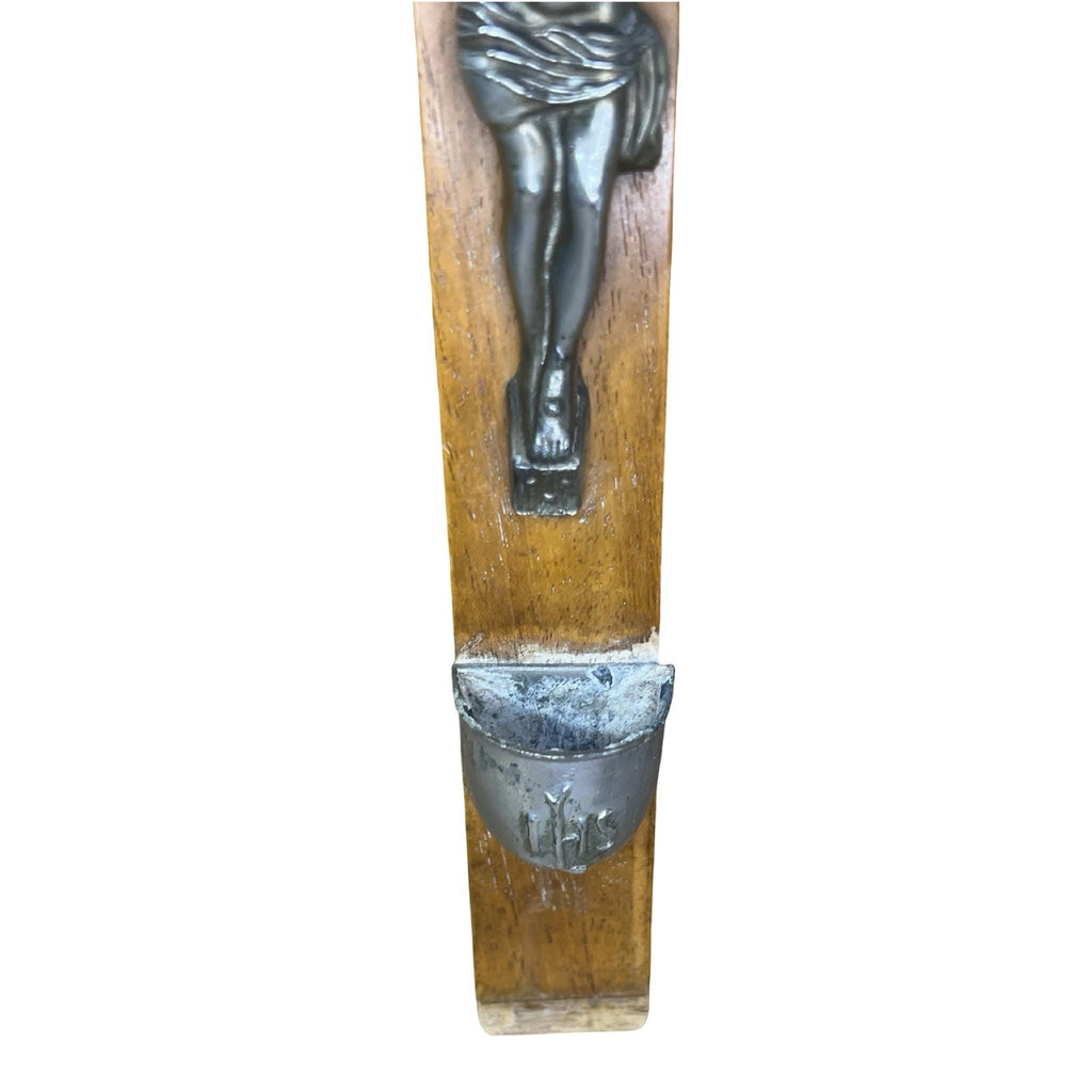Vintage Catholic Wall Crucifix Wooden Cross Metal Jesus Holy Water Font IHS