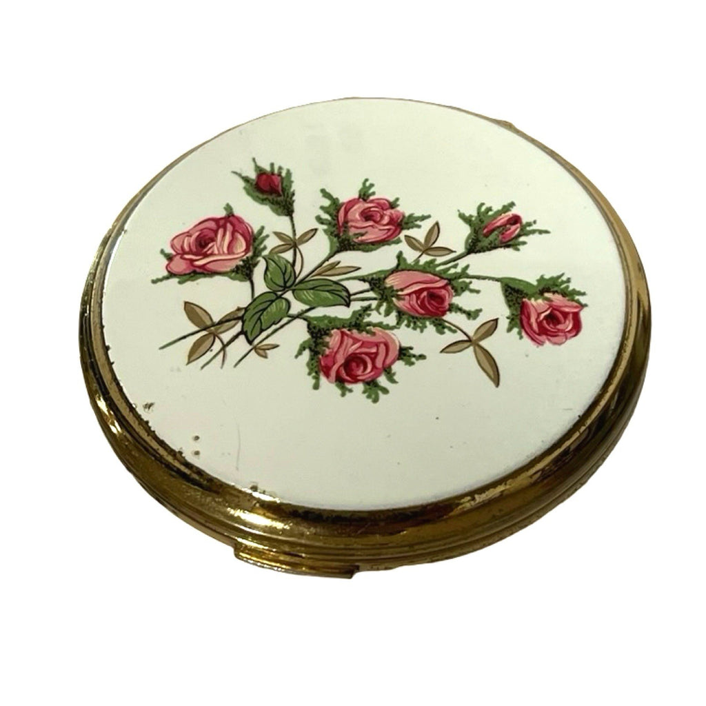 Vintage Stratton Compact Mirror White Enamel Pink Flower Bouquet Made England