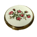 Vintage Stratton Compact Mirror White Enamel Pink Flower Bouquet Made England