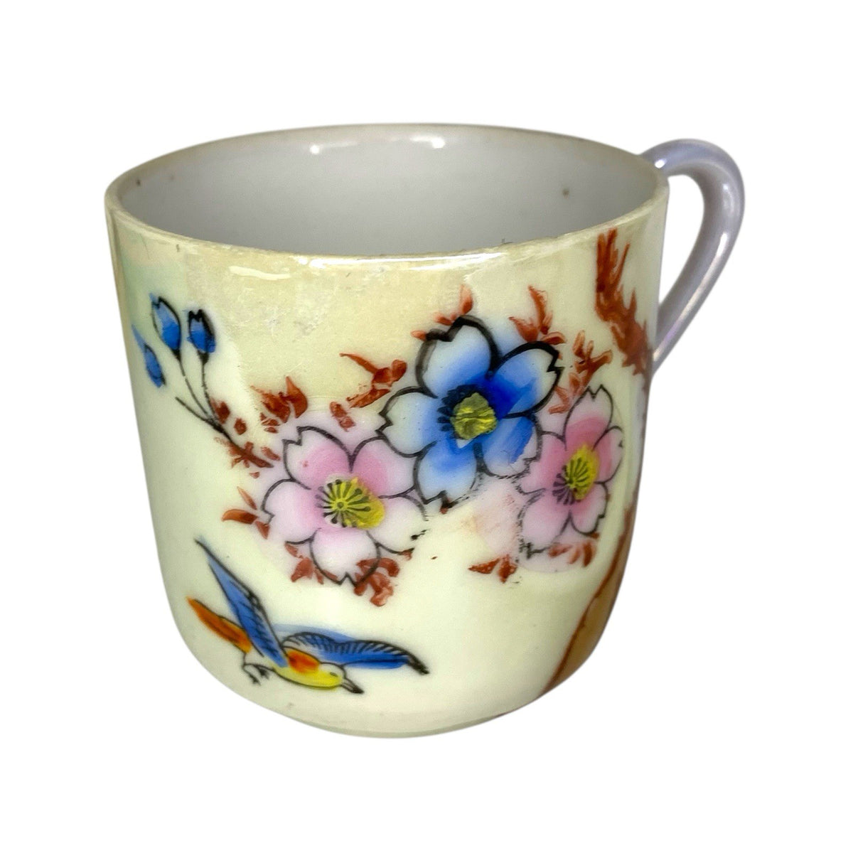 Vintage Japan Lustreware Teacup & Saucer Hand Painted Bird Floral Porcelain MCM