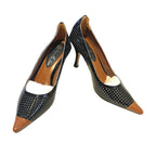 Romilly Jane Black Patent Perforated Court Shoes Tan Pointed Toe Heels Boxed