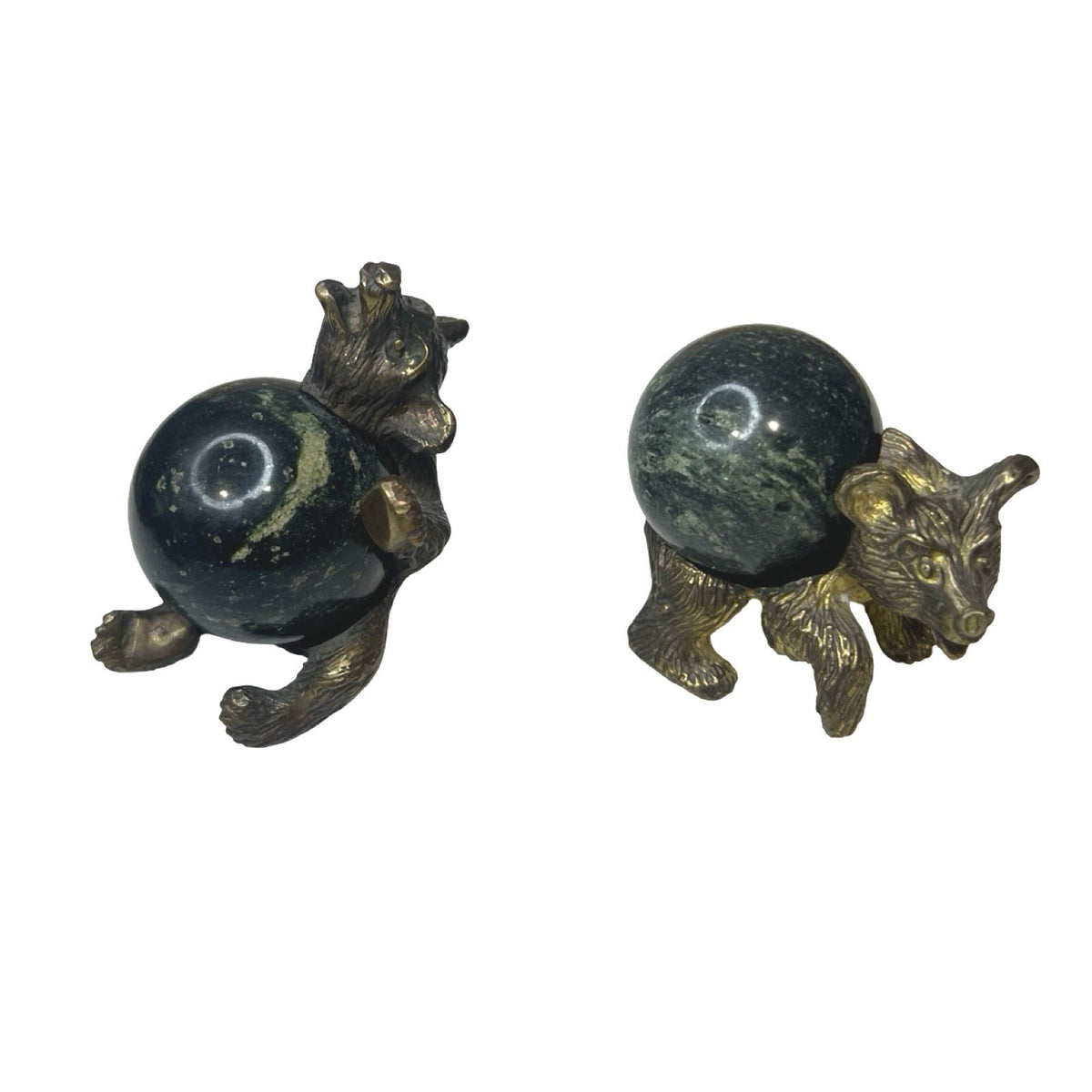 Pair Brass Bear Figurines Vintage Green Stone Body Carved Animal Statues Decor