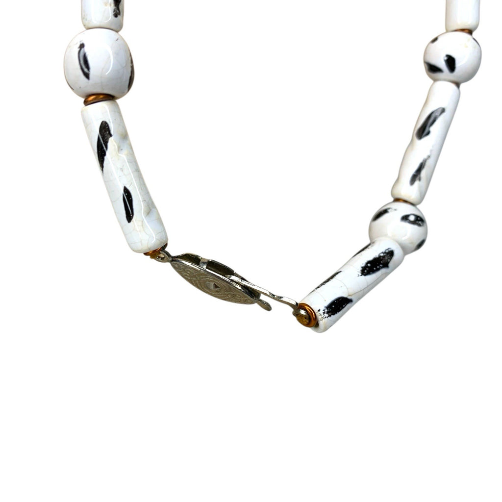 Vintage Black White Painted Bead Necklace Earrings Set Retro Costume Jewellery