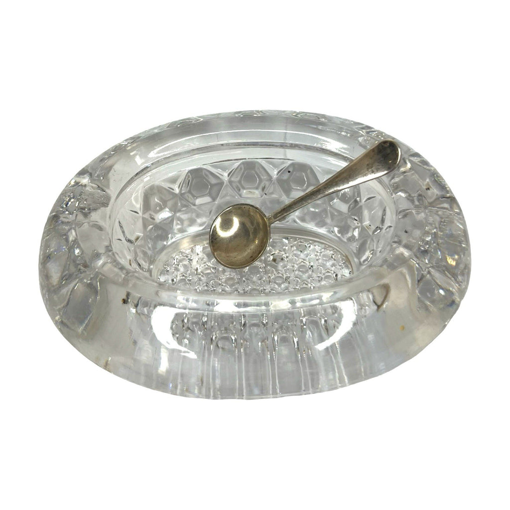 Vintage Cut Crystal Salt Cellar Open Salt Dip Nevada Solid Silver Spoon Set