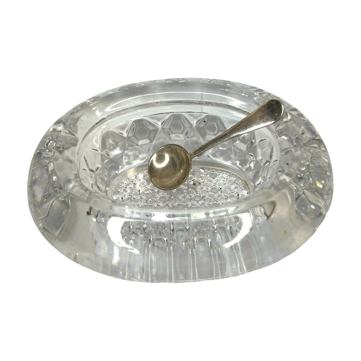 Vintage Cut Crystal Salt Cellar Open Salt Dip Nevada Solid Silver Spoon Set