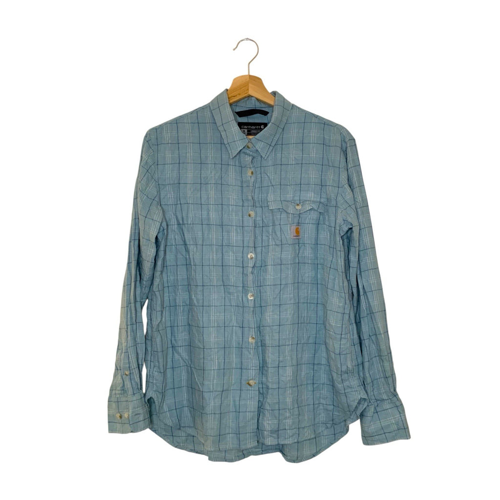 Carhartt Shirt Light Blue Plaid Long Sleeve Button Up Workwear Unisex Size S