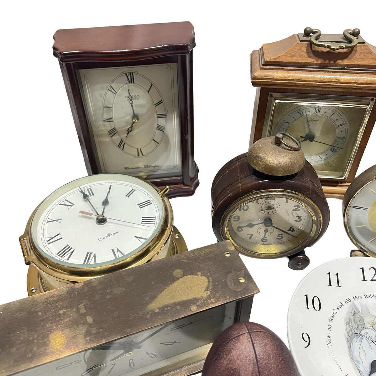 23x Vintage Clock Job Lot Smiths Westclox Metamec Swiza Mantel Alarm Novelty - detail view