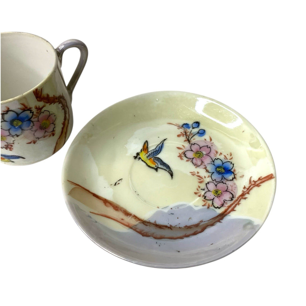 Vintage Japan Lustreware Teacup & Saucer Hand Painted Bird Floral Porcelain MCM
