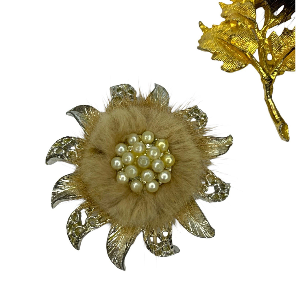 Vintage Set of 3 Mink Fur Brooches Pins Silver Gold Tone Pearl Starburst Flower