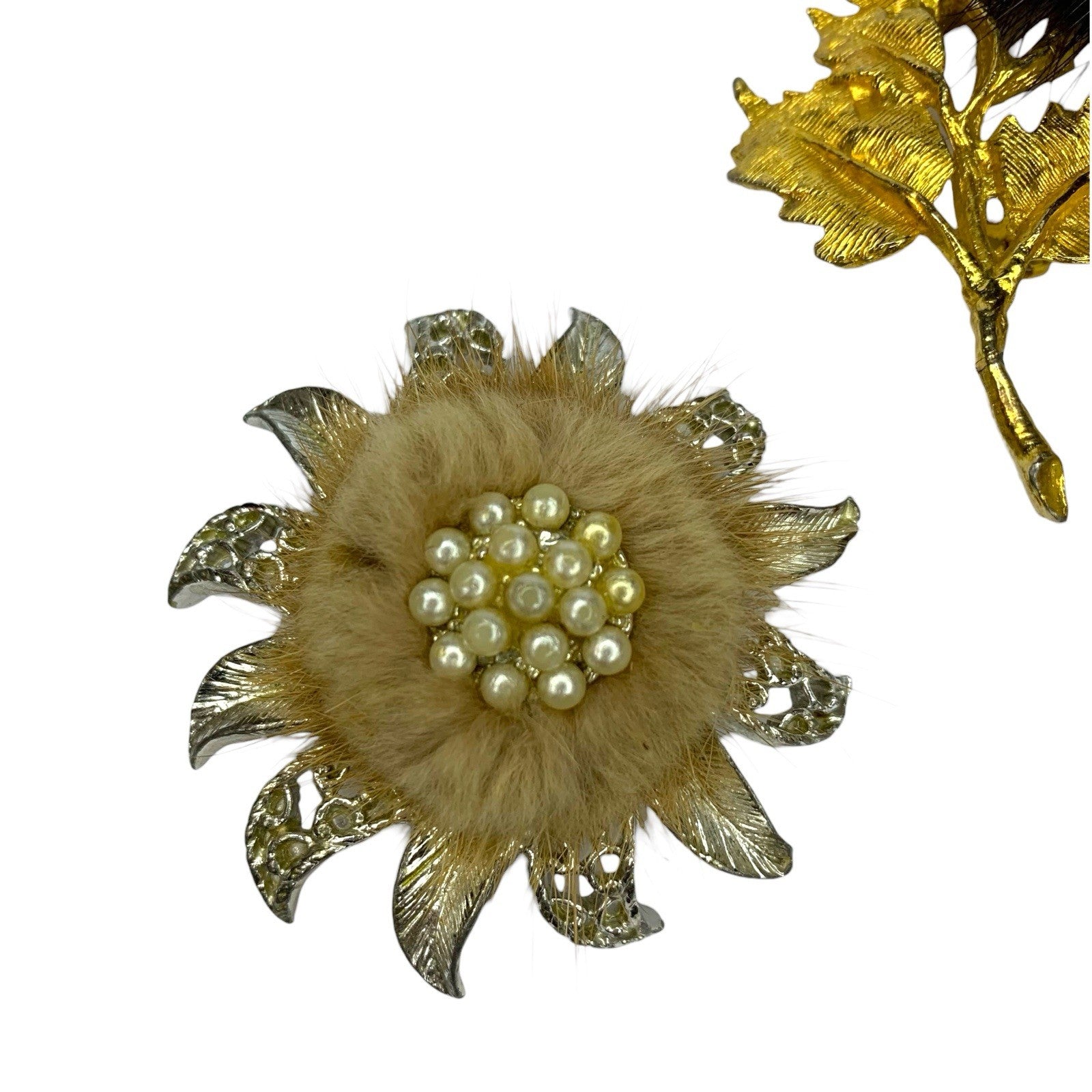 Vintage Set of 3 Mink Fur Brooches Pins Silver Gold Tone Pearl Starburst Flower