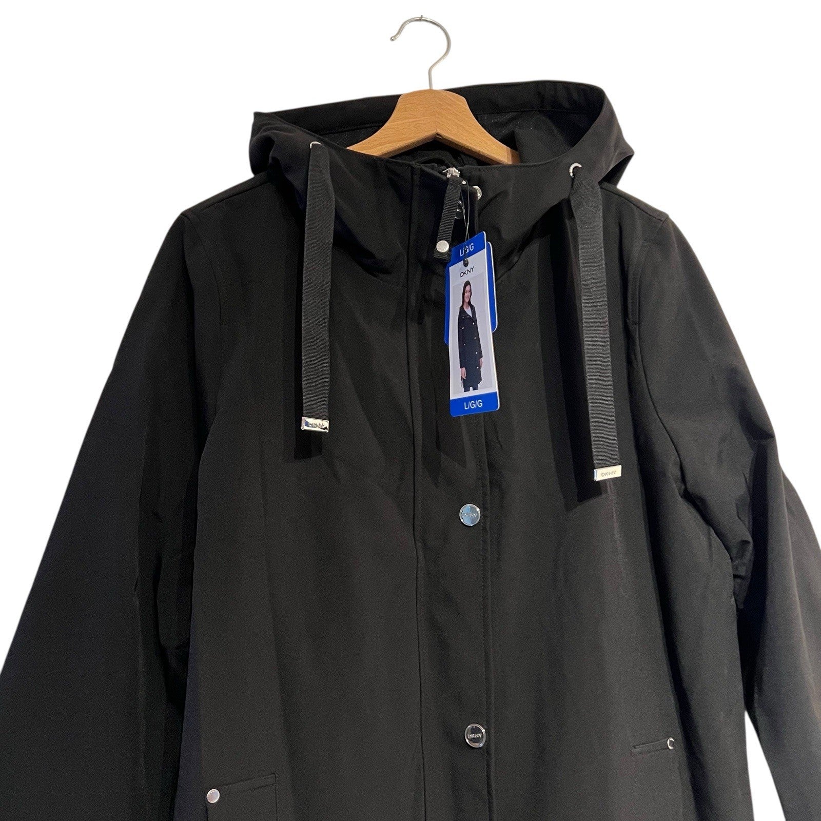 DKNY Women's Black Parka Jacket Coat Hooded Winter Warm Large Zip Slits BNWT