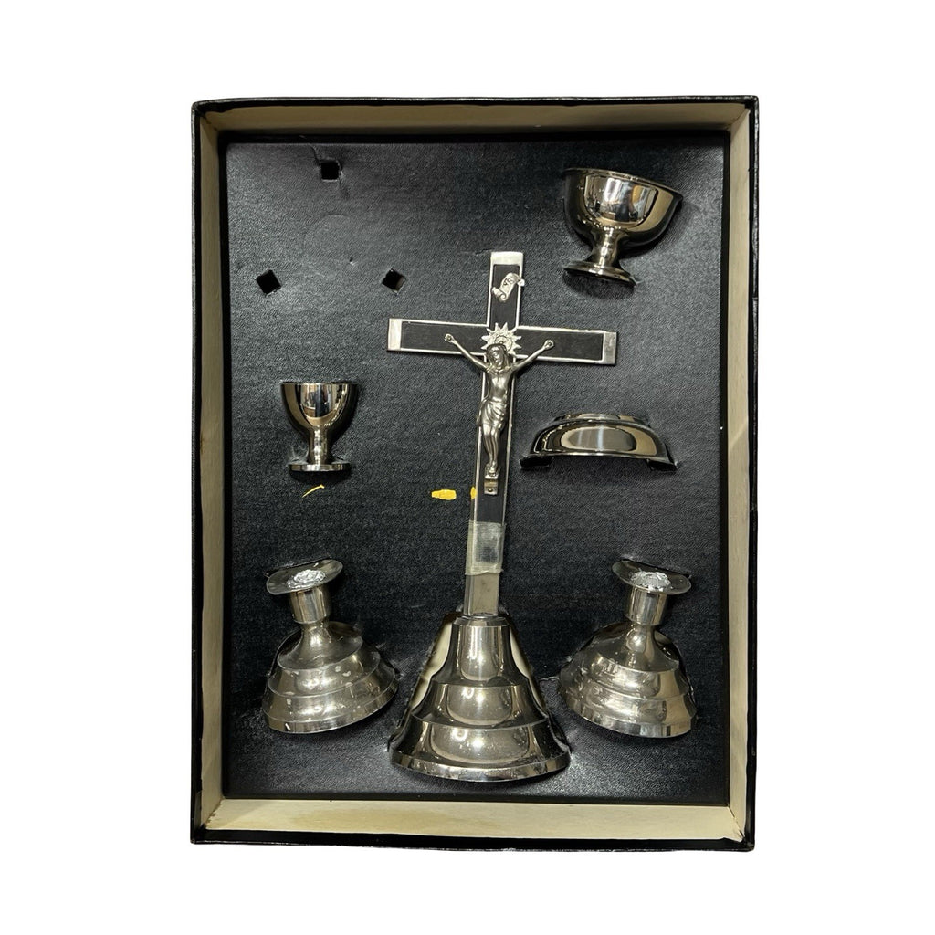 Vintage Catholic Last Rites Set Boxed Crucifix Candlesticks Chalices