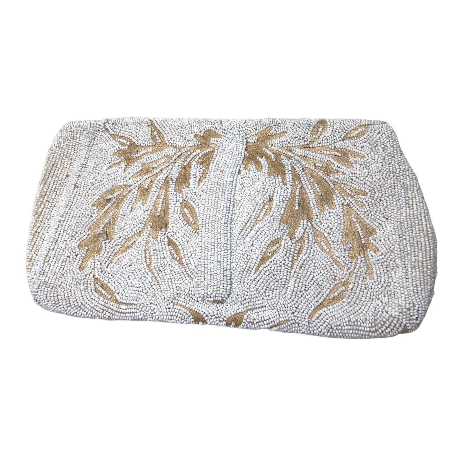 Vintage Brettle's Silkestia White Beige Micro Beaded Evening Clutch Purse Boxed