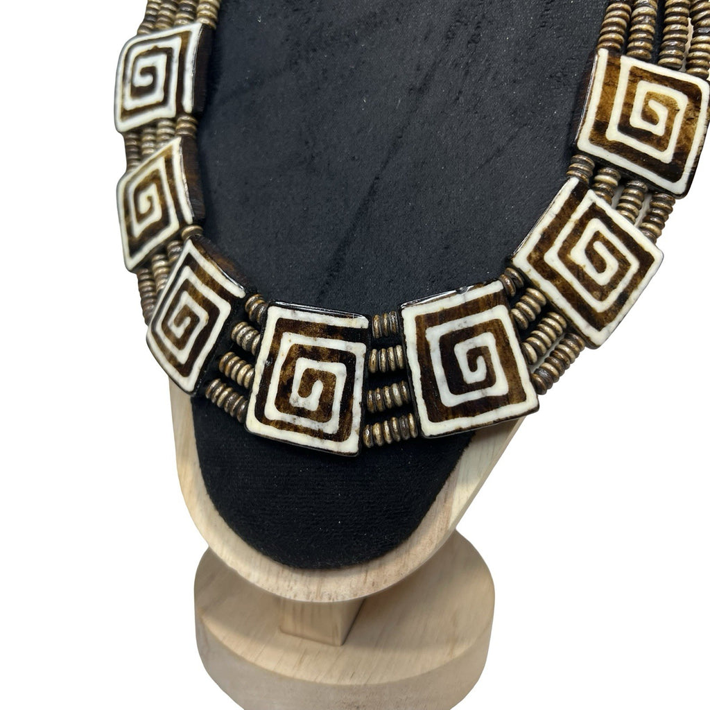 Vintage Chunky Wooden Bead Necklace Carved Tribal Boho Statement Jewellery