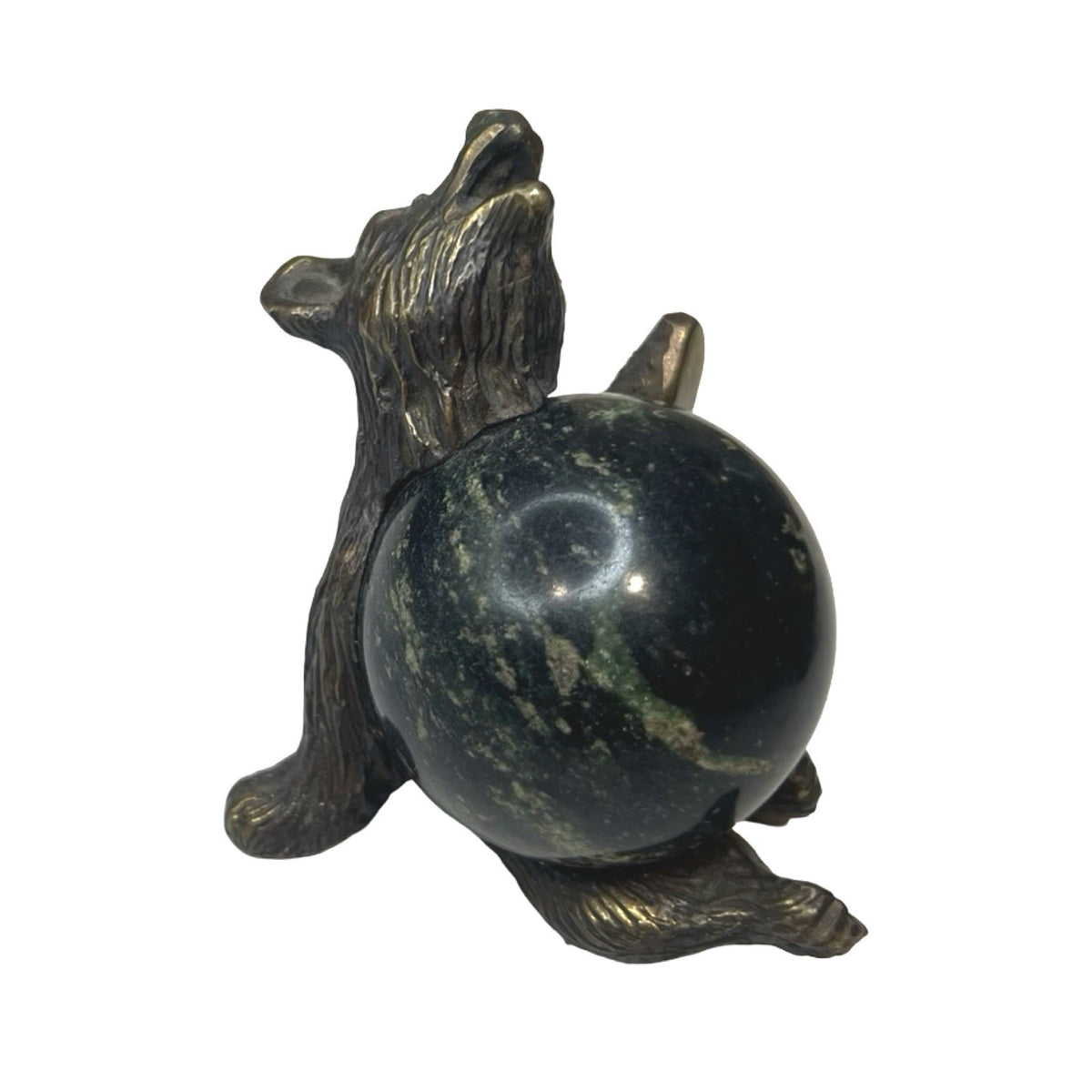 Pair Brass Bear Figurines Vintage Green Stone Body Carved Animal Statues Decor