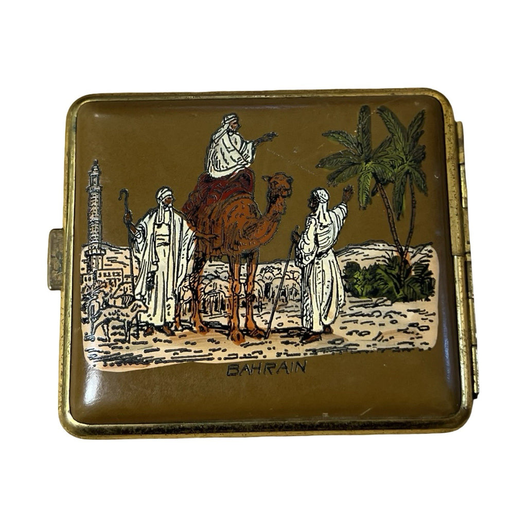Vintage Bahrain Souvenir Cigarette Case Pictorial Map Camel Palm Trees
