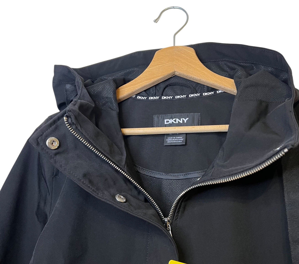 DKNY Women's Black Parka Jacket Coat Hooded Winter Warm Large Zip Slits BNWT