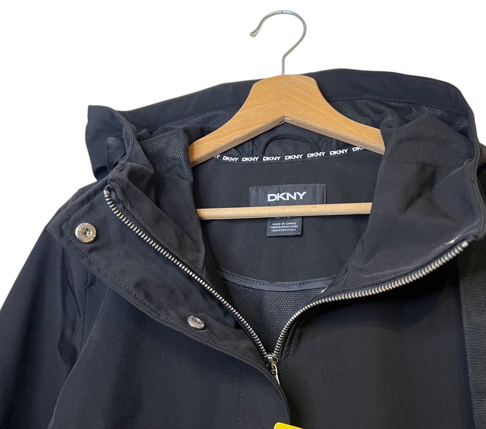 DKNY Women's Black Parka Jacket Coat Hooded Winter Warm Large Zip Slits BNWT