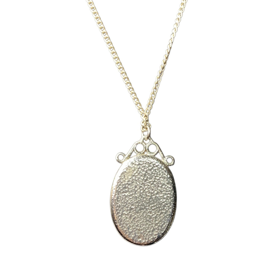 Real Silver Pendant Vintage Collectable Pressed Flowers Oval Necklace – Tone