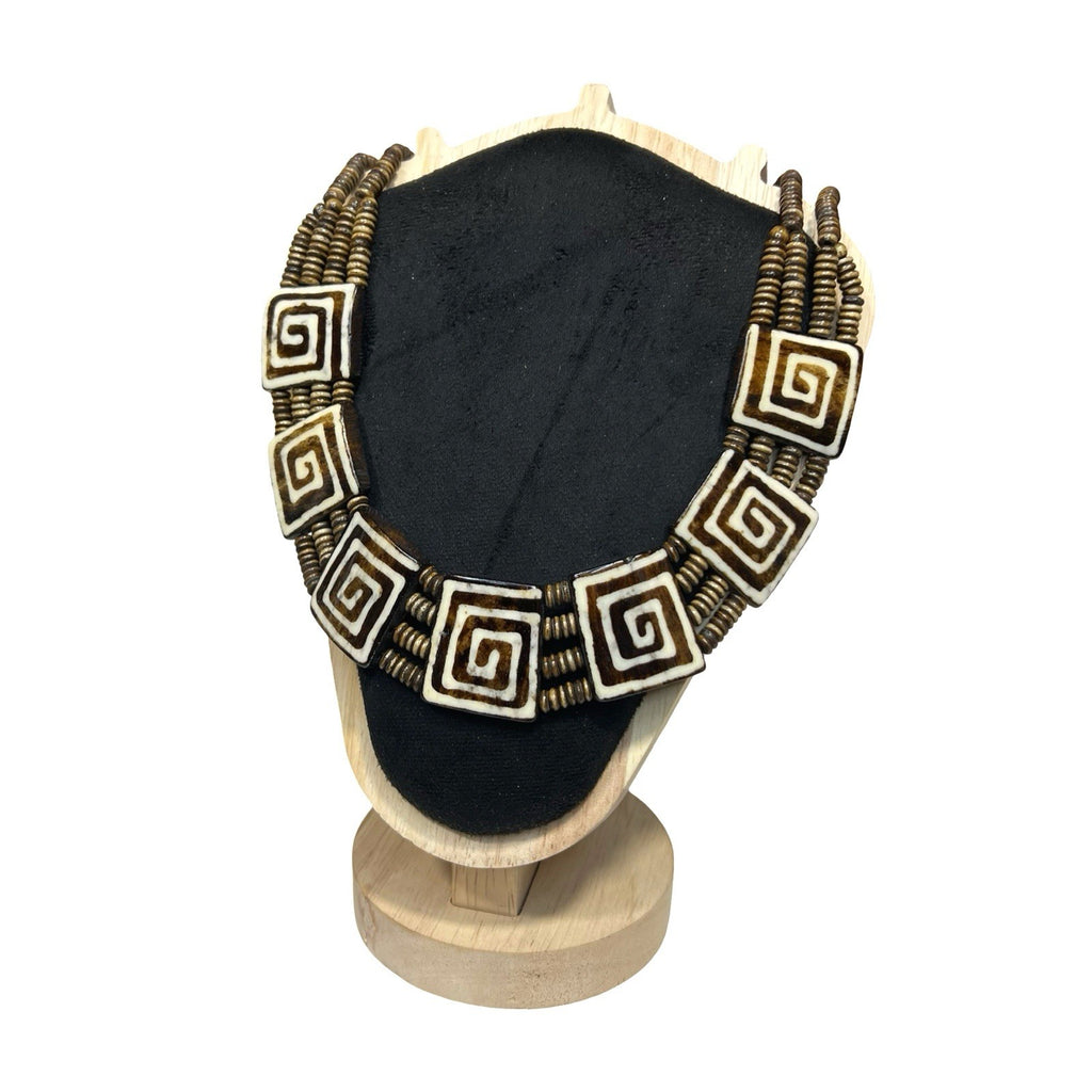 Vintage Chunky Wooden Bead Necklace Carved Tribal Boho Statement Jewellery