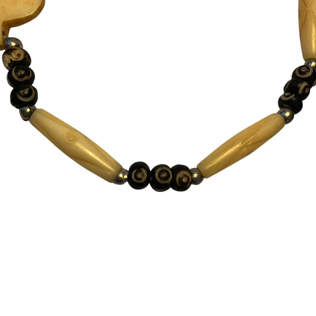 1950s Bone Necklace Tribal Spade Pendant Carved Seed Beads Mid Century Vintage