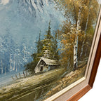 Vintage Oil Painting on Canvas Snow Mountain Trees Cabin Signed Raymond