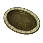 Vintage Brass Trinket Dish Mother Of Pearl Inlaid Border Oval Jewellery Tray