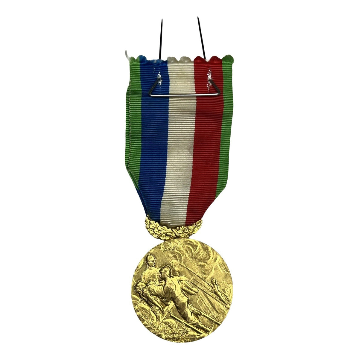 Vintage Emile Monier French Firefighter Rescue Medal Pompiers Gilt Ribbon. Vintage pre-owned item, actual item photographed by The Voyage Bird.