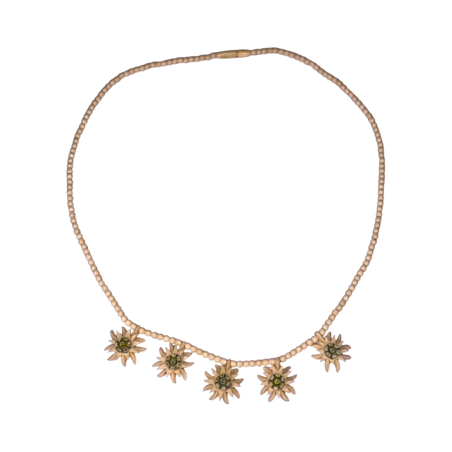 1950s Edelweiss Flower Necklace Hand Carved Bone Beads Alpine Folk Art Austria