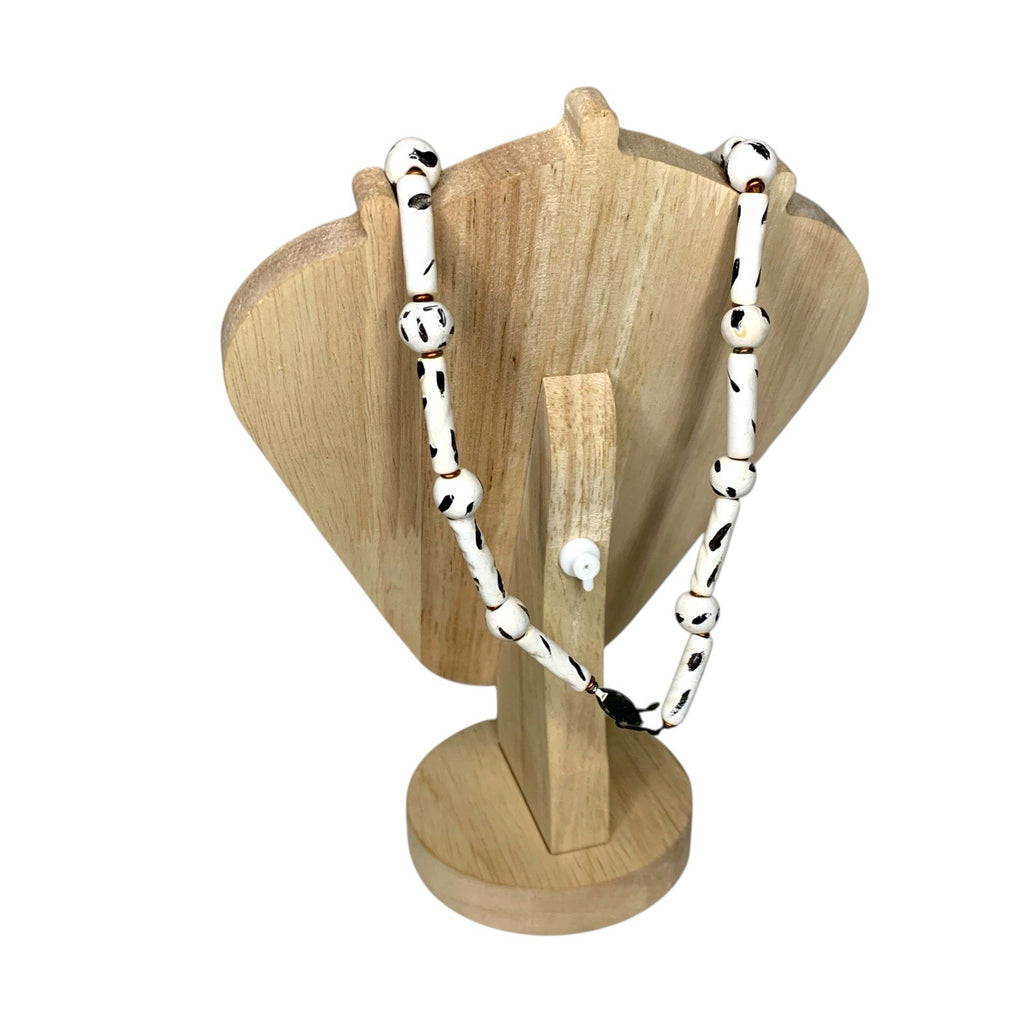 Vintage Black White Painted Bead Necklace Earrings Set Retro Costume Jewellery