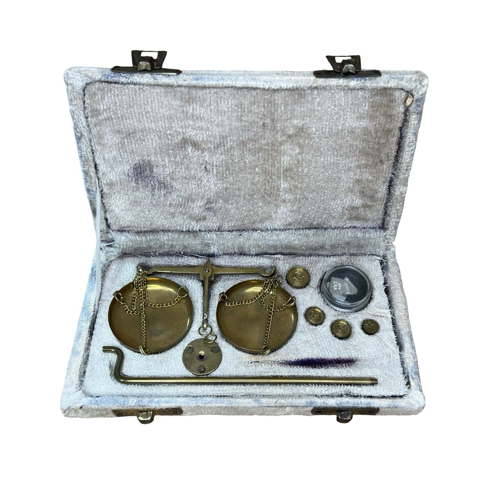 Vintage Jewellers Brass Balance Scales Weights Fitted Velvet Case