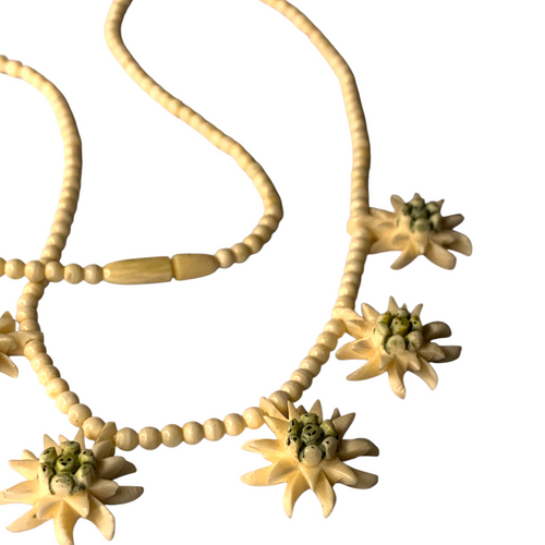 1950s Edelweiss Flower Necklace Hand Carved Bone Beads Alpine Folk Art Austria — view 2