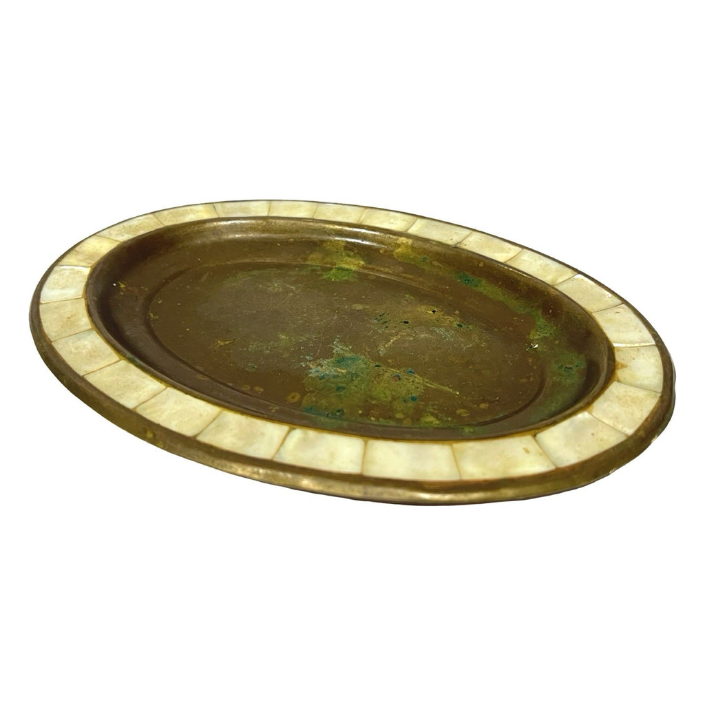 Vintage Brass Trinket Dish Mother Of Pearl Inlaid Border Oval Jewellery Tray