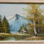 Vintage Oil Painting on Canvas Snow Mountain Trees Cabin Signed Raymond