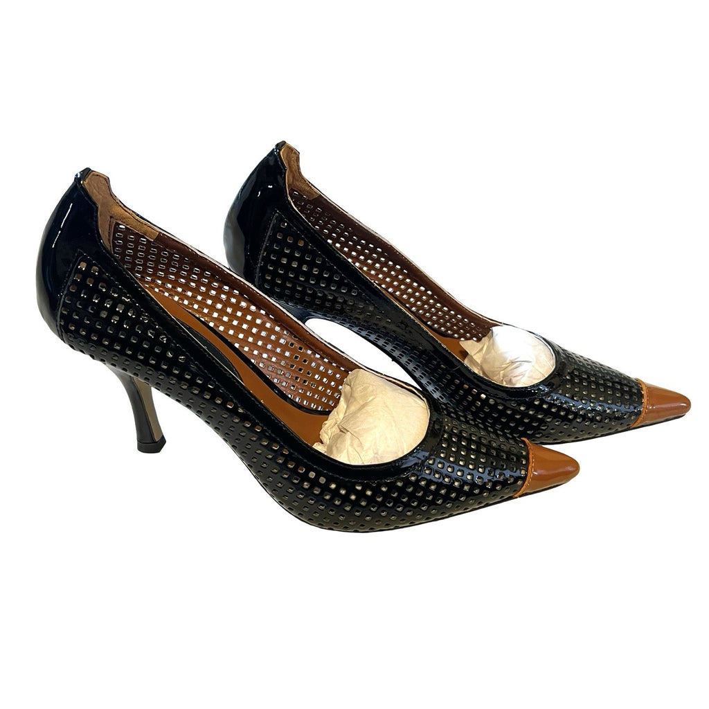 Romilly Jane Black Patent Perforated Court Shoes Tan Pointed Toe Heels Boxed