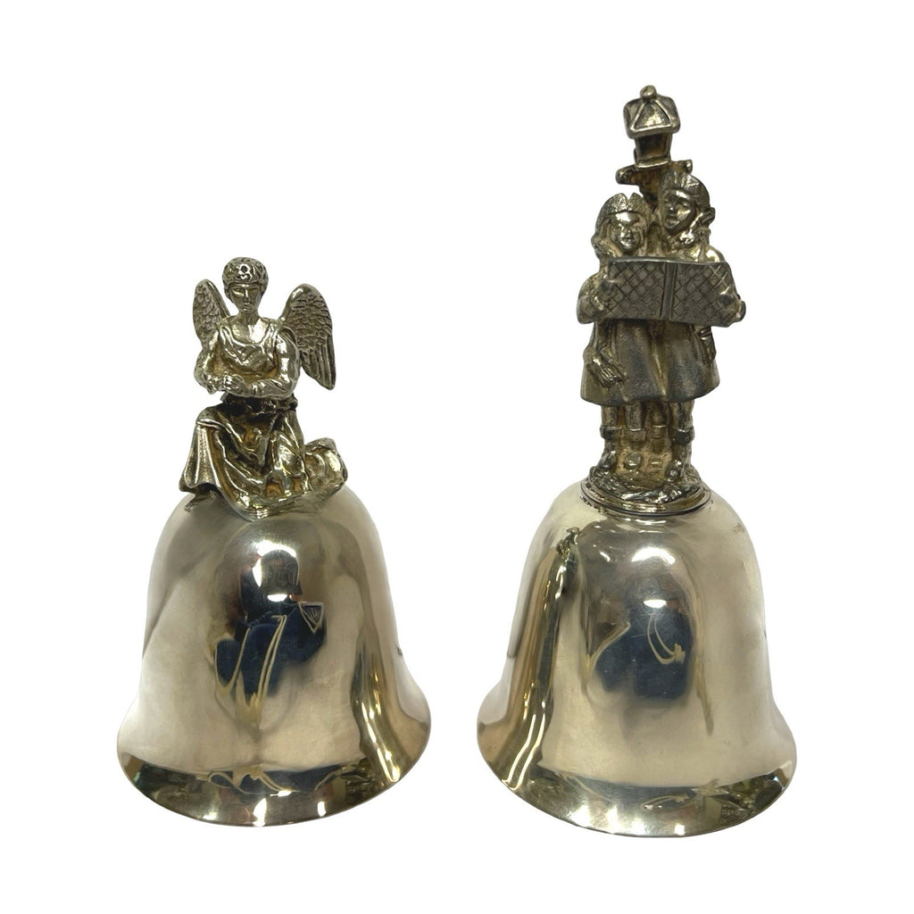Pair Vintage Danbury Mint Christmas Bells 1979 Carol Singers Angel Silver Plate - detail view