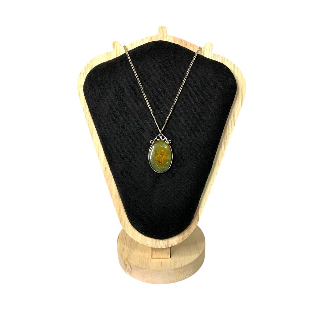Real Silver Pendant Vintage Collectable Pressed Flowers Oval Necklace – Tone