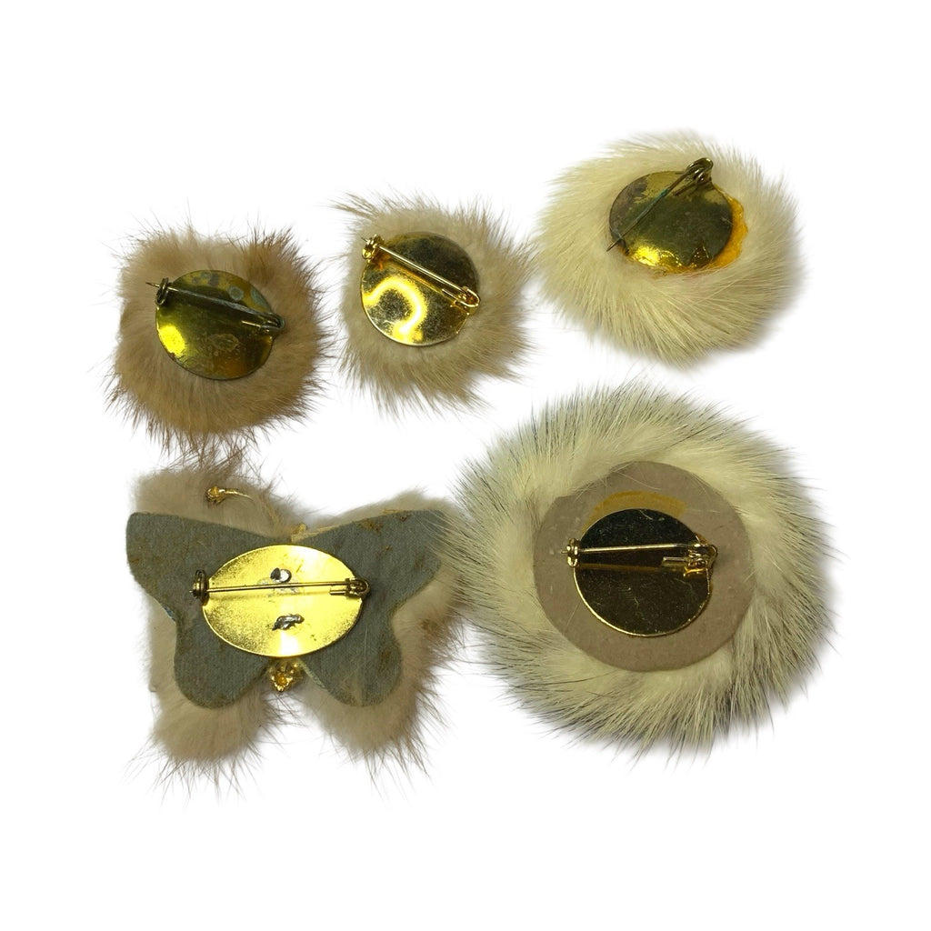 Vintage Mink Fur Brooch Pin Set 5 Rhinestone Butterfly Mixed Colours Jewellery