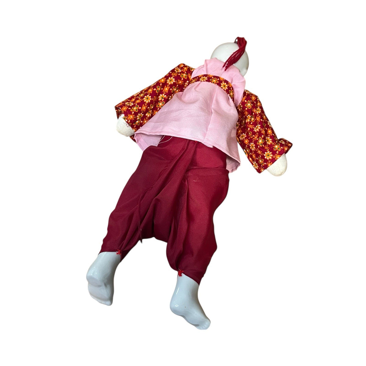 Asian Chinese Pink Red & White Porcelain & Rag Doll with Single Top Bun