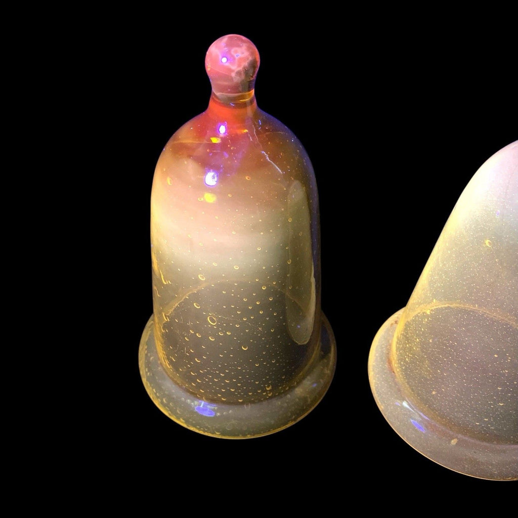 Pair Antique Cadmium Glass Bell Cloches Hand Blown UV Reactive Yellow Orange