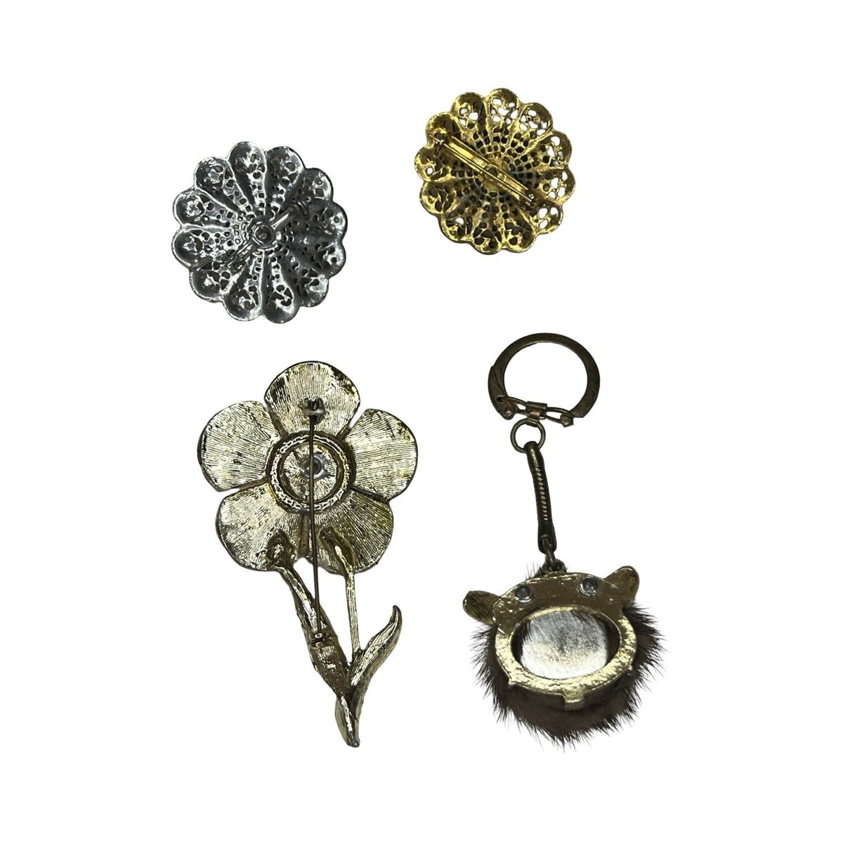 Vintage Mink Fur Brooches Lot Golden Cat Keyring Floral Pin Set Gift Retro