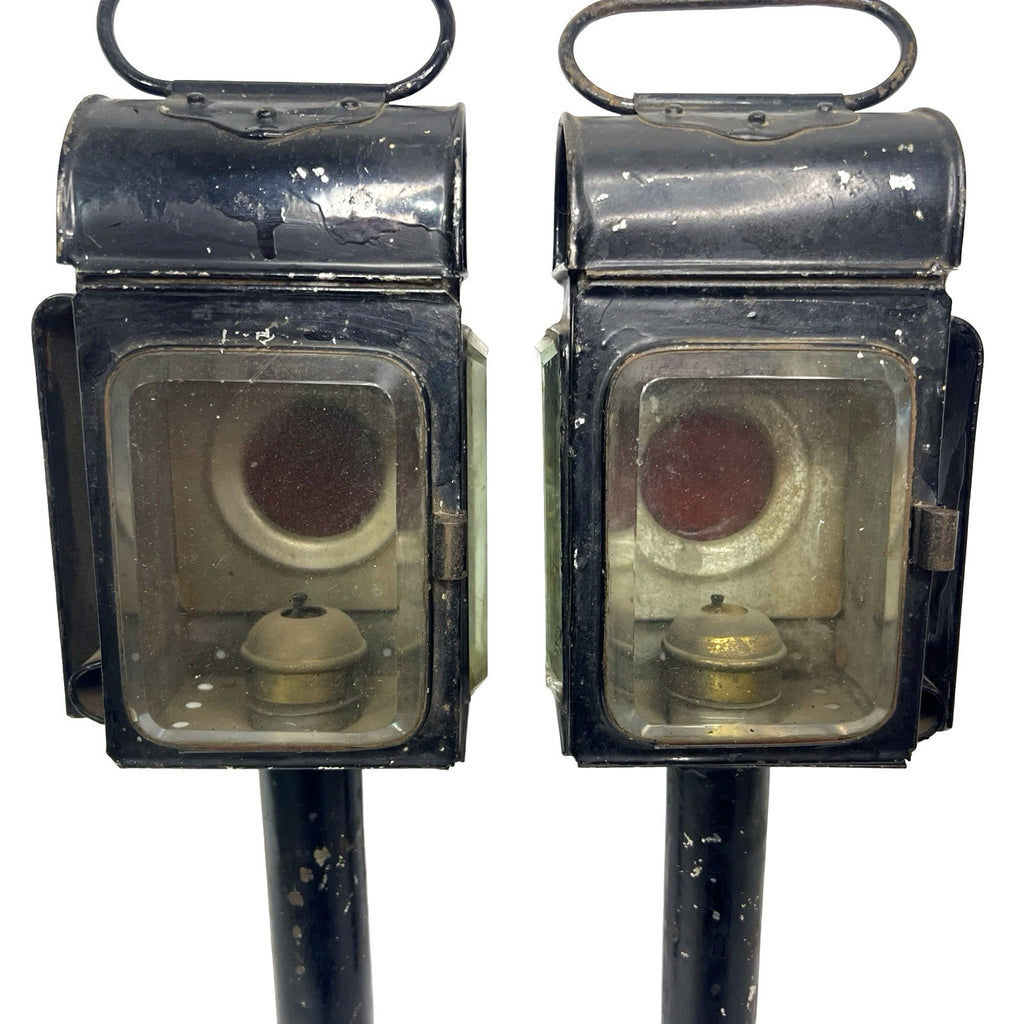 Pair Antique Carriage Coach Oil Lamps Lanterns Red Lens Bevelled Glass c1900 - front view