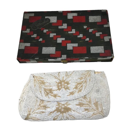 Vintage Brettle's Silkestia White Beige Micro Beaded Evening Clutch Purse Boxed
