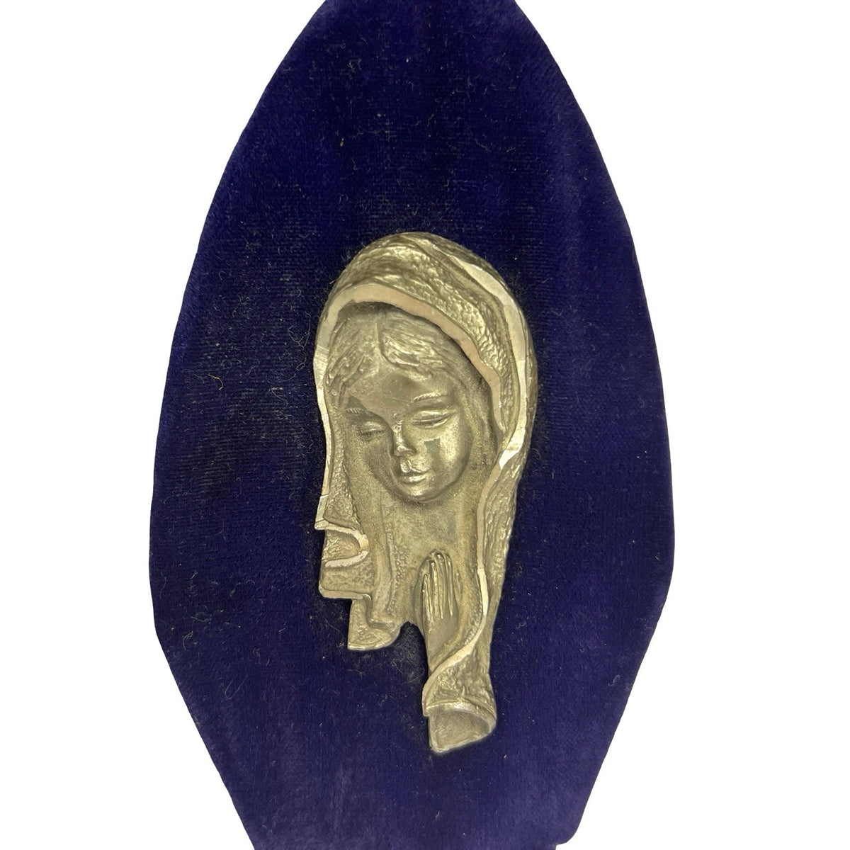 Vintage Italian Peltro Inciso Virgin Mary Pewter Religious Plaque Velvet Stand